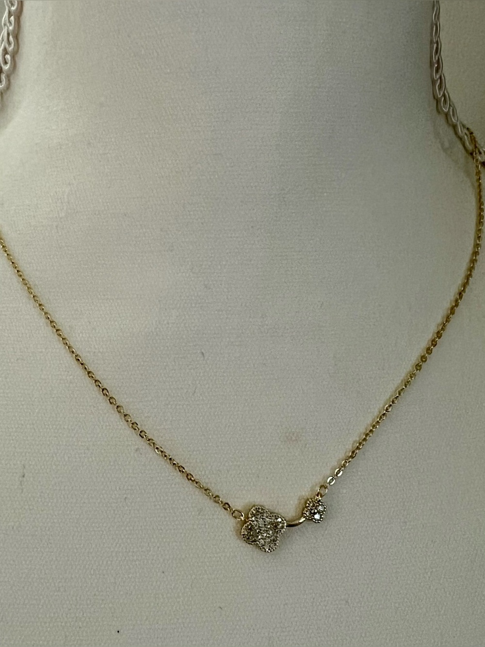 Women’s 14k Gold plated necklace with delicate double clovers - pave’ crystals